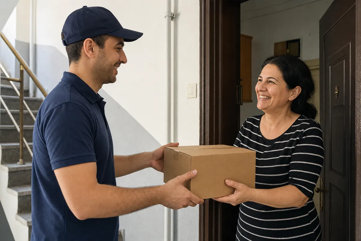 Kapıda kuryeden kargo kutusunu teslim alan bir kadın