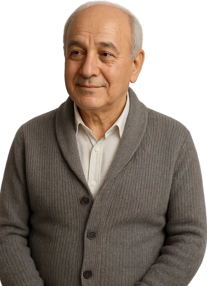 Hırkalı, sakin gülümseyen altmış yaşlarında bir erkek